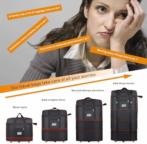 Expandable Large Capacity Travel Bag Oxford Cloth Duffel Bag with Wheels Lightweight Waterproof Travel Foldable Suitcase(Black) - Image 3