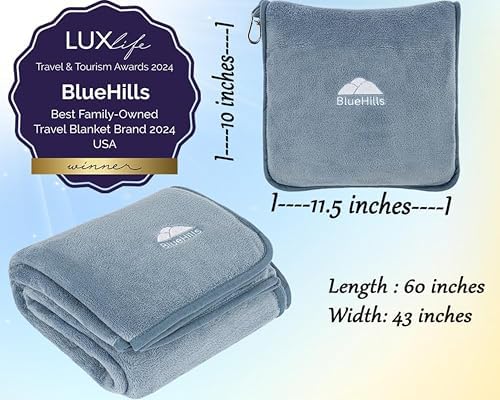 BlueHills Premium Soft Plush Travel Blanket Pillow for Airplane Traveling Essentials in a Bag Flight Throw with Hand Luggage Belt Backpack Clip Compact Portable Plane Accessories Grayish Blue - T026 - Image 3