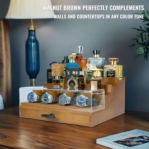 Cologne Watch Organizer Walnut Brown – Wooden Perfume Display Stand with Jewelry Storage Drawer, Velvet Lining, Hidden Compartment – Large Cologne Holder – Gift Box Included - Image 5