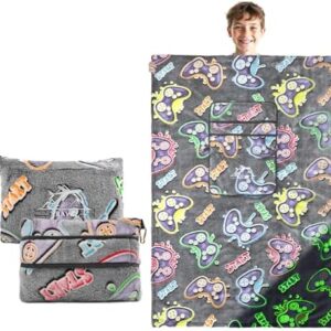 2-in-1 Travel Blanket Pillow Airplane Set - Small Travel Blanket and Pillow Set Airplane Compact for Kids - Glow in The Dark Gaming Blanket Birthday Gifts for Kids Boys Girls 40x60 Inches