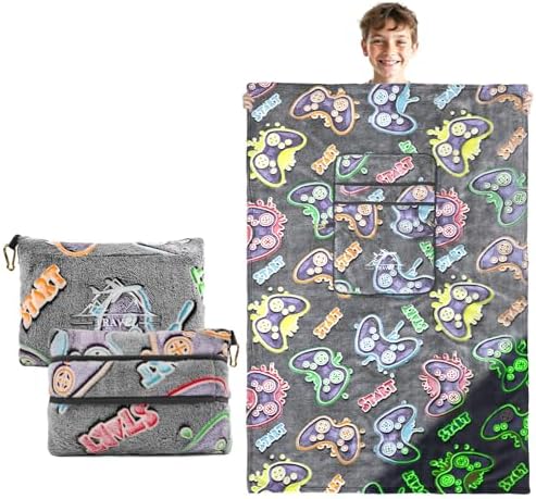 2-in-1 Travel Blanket Pillow Airplane Set - Small Travel Blanket and Pillow Set Airplane Compact for Kids - Glow in The Dark Gaming Blanket Birthday Gifts for Kids Boys Girls 40x60 Inches