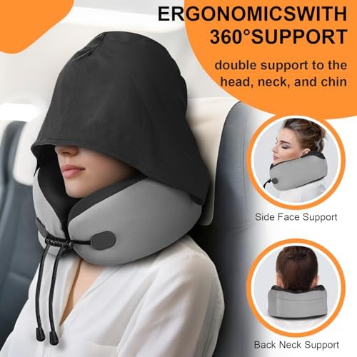 Neck Pillow for Travel - Hooded Memory Foam Plane Pillow for Airplane, Office, Cars Sleeping, Long Flight Must Haves, Portable Road Trip Essentials for Adults Gray - Image 2