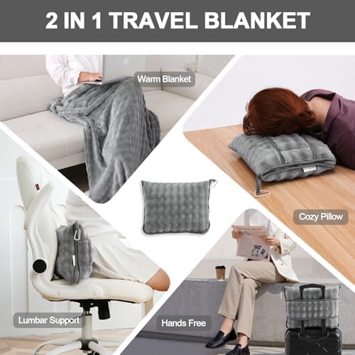 SOCHOW Travel Blanket for Airplane Train and Car, Soft Travel Blanket or Pillow 2 in 1 Compact with Portable Bag Pillowcase, Flight Blanket with Luggage Sleeve and Backpack Clip, Grey - Image 2