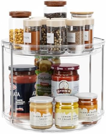 LAMU 2 Tier Lazy Susan Turntable Organizer 9.25'' Rotating Spice Rack Organization for Cabinet, Kitchen, Pantry, Countertop, Bathroom, Vanity, Medicine Cabinet Organizer, Clear