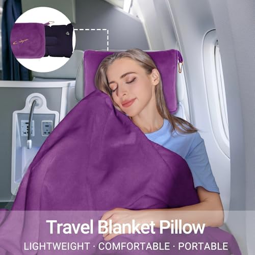 Travel Blanket & Pillow Set, 300 GSM Soft Fleece, 60x43 Inches, 3-in-1 Airplane Blanket, Travel Pillow and Blanket Set, Travel Blanket Airplane Compact with Bag, Travel Essentials, Violet - Image 6