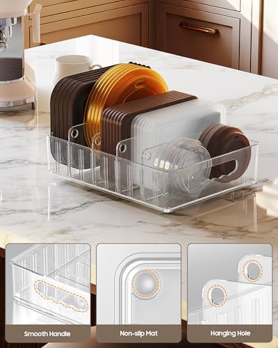 LYNG Lid Organizers Inside Cabinet, Clear Plastic Storage Lid Organizer With 4 Adjustable Dividers, Food Container Lid Organizer For Kitchen Pantry - Image 3