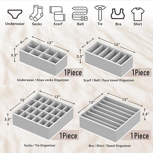 Simple Houseware 4-Pack Drawer Organizer Set - Closet Dividers for Underwear, Socks, Bras, Scarves, Ties - Foldable Non-Woven Storage Boxes, Gray - Image 2