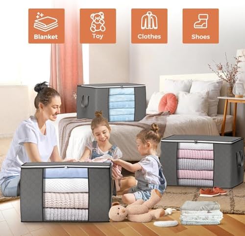 90 L Large Storage Bags, 6 Pack Clothes Storage Bins Foldable Closet Organizers Storage Containers with Reinforced Handle for Clothing, Blanket, Comforters, Bed Sheets, Pillows and Toys (Gray) - Image 3