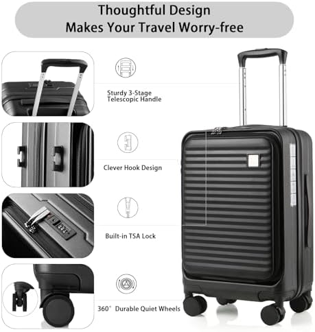 Expandable Carry On Luggage Durable Hardside Lightweight Rolling Suitcases with Spinner Wheels TSA Lock, (Black, 19.5-Inch) - Image 6