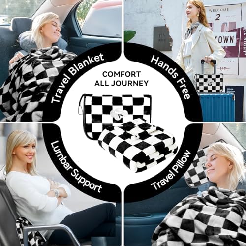 Travel Blanket and Pillow Compact, Premium Soft 2 in 1 Airplane Blanket with Soft Bag Pillowcase,Hand Luggage Sleeve and Backpack Clip (Checkered Black) - Image 7