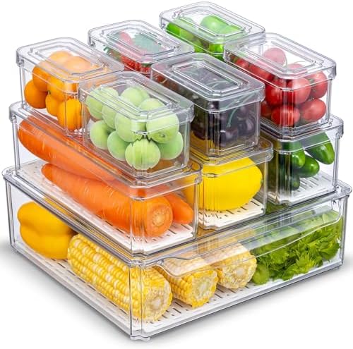 10 Pack Fridge Organizer, Stackable Refrigerator Organizer Bins with Lids, BPA-Free Produce Fruit Storage Containers for Storage Clear for Kitchen, Food, Drinks, Vegetable Storage