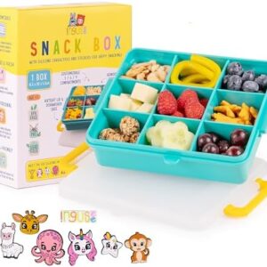 Travel Snack Box for Kids - Customizable Snackbox Container Organization System with Removable Dividers and Fun Silicone Character Decorations - Air-Tight Dishwasher-Friendly Toddler Food Containers