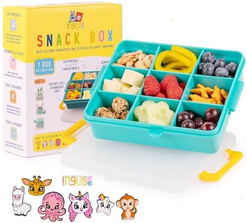 Travel Snack Box for Kids - Customizable Snackbox Container Organization System with Removable Dividers and Fun Silicone Character Decorations - Air-Tight Dishwasher-Friendly Toddler Food Containers