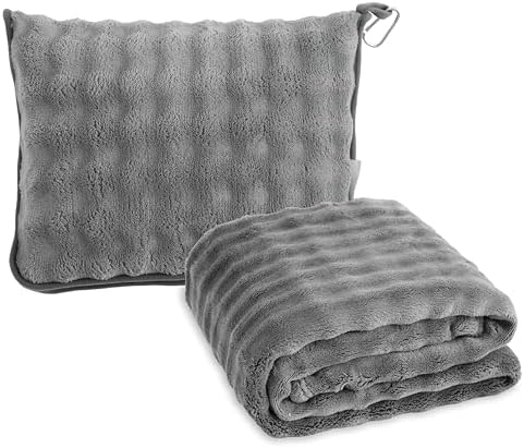 SOCHOW Travel Blanket for Airplane Train and Car, Soft Travel Blanket or Pillow 2 in 1 Compact with Portable Bag Pillowcase, Flight Blanket with Luggage Sleeve and Backpack Clip, Grey