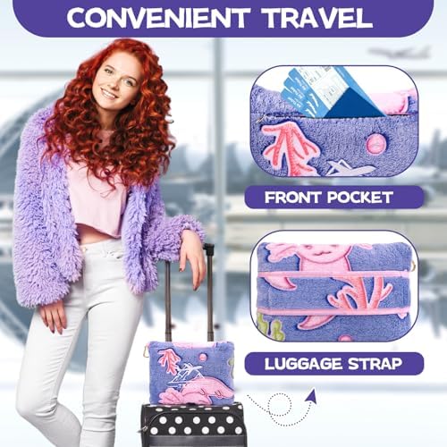 Axolotl Blanket for Airplane Travel - Glow in The Dark Kids Travel Blanket Pillow Set for Plane, Car - Axolotl Gifts Toys for Girls, Small Soft Purple Fleece Throw for Teens Girls 40" x 60" - Image 4