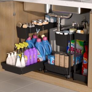 3 Pack Multi-Purpose Under Sink Organizers and Storage, 2025 L-Shaped Pull Out Cabinet Organizer for Bathroom & Kitchen, Under Cabinet Organizer with Hooks Hanging Cup, Black