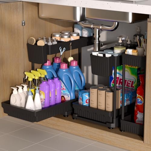3 Pack Multi-Purpose Under Sink Organizers and Storage, 2025 L-Shaped Pull Out Cabinet Organizer for Bathroom & Kitchen, Under Cabinet Organizer with Hooks Hanging Cup, Black