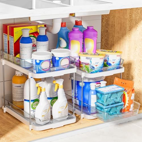 Delamu 2 Sets of 2-Tier Multi-Purpose Bathroom Under Sink Organizers and Storage, Stackable Kitchen Pantry Organization, Pull Out Medicine Cabinet Organizer with 8 Movable Dividers, White - Image 8