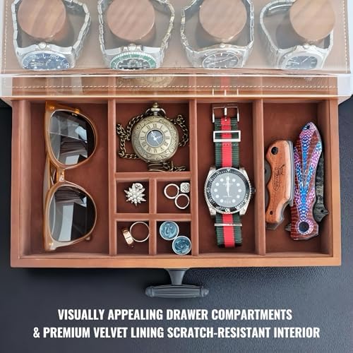 Cologne Watch Organizer Walnut Brown – Wooden Perfume Display Stand with Jewelry Storage Drawer, Velvet Lining, Hidden Compartment – Large Cologne Holder – Gift Box Included - Image 4