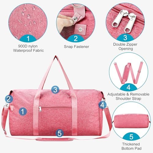 Carry on luaggage 22x14x9 Airlines Approved, Foldable Travel Duffel Bags Weekender Overnight Carry on Duffel Luggage Gym Duffle Bag with Wet Pocket & Shoe Compartment for Women Men(Pink, 40L) - Image 6