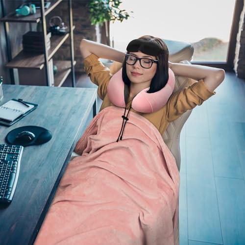Travel Pillow and Blanket Set Neck Pillows Travel Essentials with Sleep Mask for Airplane Car Memory Foam Pink - Image 6
