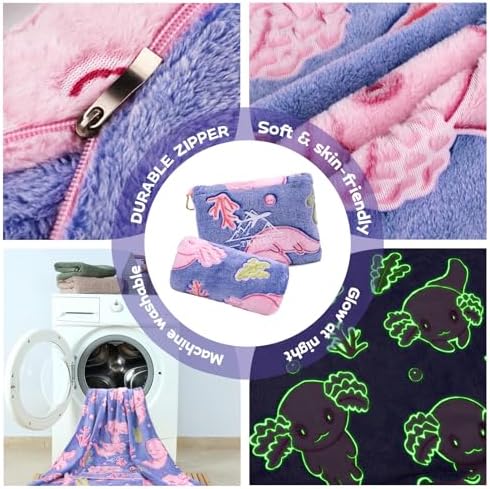 Axolotl Blanket for Airplane Travel - Glow in The Dark Kids Travel Blanket Pillow Set for Plane, Car - Axolotl Gifts Toys for Girls, Small Soft Purple Fleece Throw for Teens Girls 40" x 60" - Image 3