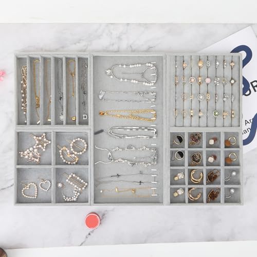 Fixwal Jewelry Organizers and Storage, 14in Stackable Jewelry Drawer Organizer, Set of 5 Jewelry Trays with Removable Dividers, Multi-Layer Tray for Earrings Necklaces Bracelets Watches, Grey - Image 4