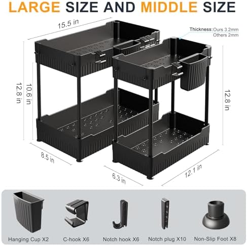 2 Pack Under Sink Organizer, Under Bathroom Cabinet Organizer with Hooks Hanging Cup, Multi-Purpose Storage Shelf for Kitchen Bathroom, Black - Image 4