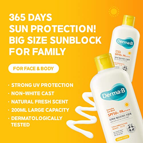 Derma B Everyday Sun Block Large Size Sunscreen SPF50+ PA++++ 6.71 Fl Oz, 200ml Fast-Absorbing Lightweight SPF Moisturizer, Facial Body Non-Sticky for Dewy Skin, Korean Protection Lotion - Image 2