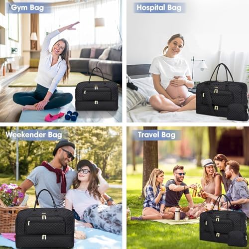 Large Women Travel Duffle Bag, Carry on Bag with Wet Toiletry Pocket for Overnight, Weekend, Yoga, Gym, Business Trips, Sport and Hospital, Black - Image 6