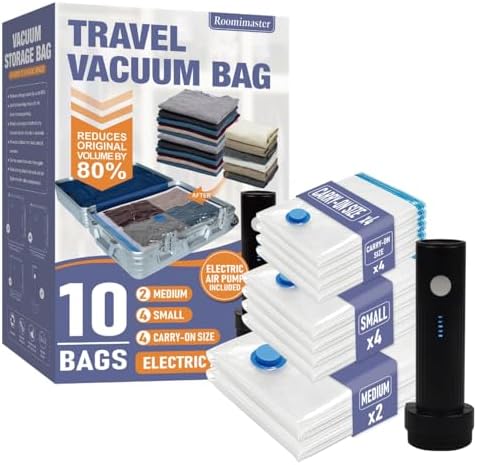 Travel Vacuum Storage Bags with Electric Pump, 10 Combo Travel Packing Bags for Luggage and Suitcase, Carry-on Size Compression Space Saver for Clothes and Clothing