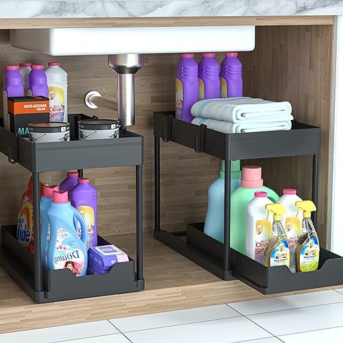 Under Sink Organizer 2 Pack, Bathroom Cabinet Organizer, 2 Tier Sliding Cabinet Basket Organizer Drawer, Multi-Purpose Bath Collection Baskets for Bathroom (Black) - Image 9