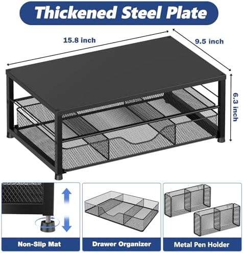 Desk Organizer and Accessories, 2-Tier Computer Monitor Stand Riser with Drawer and 2 Pen Holders, Laptop Stand, Office Desk Accessories for Office Supplies, Black - Image 3