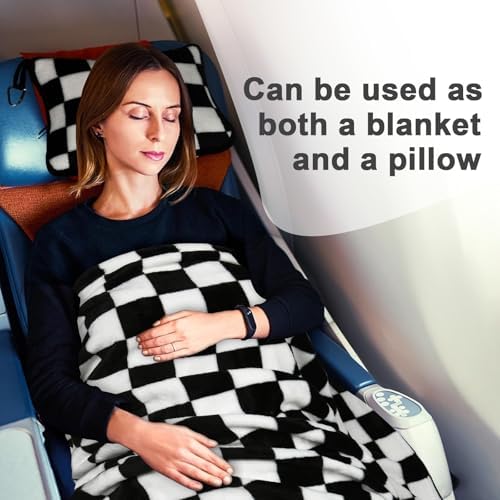 Travel Blanket and Pillow Compact, Premium Soft 2 in 1 Airplane Blanket with Soft Bag Pillowcase,Hand Luggage Sleeve and Backpack Clip (Checkered Black) - Image 6