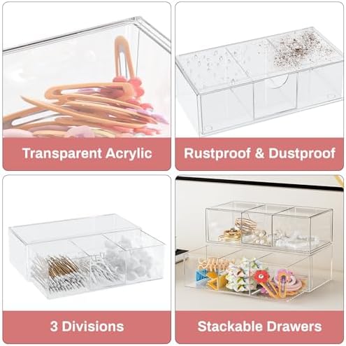 Hair Accessories Organizer for Girls, Clear Acrylic Hair Bow Tie Clip Scrunchie Holder with Divider, Cute Small Stackable Storage Drawer Container Caddy Box for Bathroom Vanity Countertop - Image 4