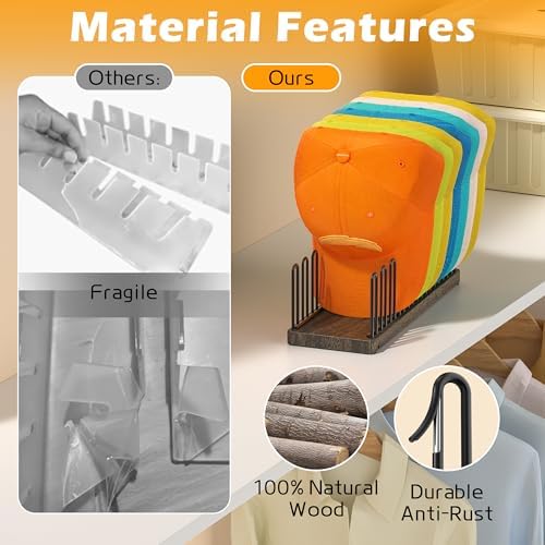 Hat Organizer for 9 Baseball Caps, Solid Wood Base Hat Rack for Closet, Metal Hat Stand for Baseball Caps, Hat Storage with Anti-slip Pads, Cap Organizer Hat Holder for Closet - Image 2