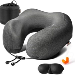 MLVOC Travel Pillow 100% Pure Memory Foam Neck Pillow, Comfortable & Breathable Cover, Machine Washable, Airplane Travel Kit with 3D Contoured Eye Masks, Earplugs, and Luxury Bag, Standard (Black)