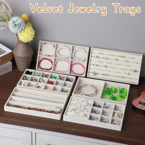 6 Set of Jewelry Drawer Organizer, Stackable Jewelry Organizer Drawer Inserts Container Display Case Storage for Earring Necklace Rings Bracelet with Removable Dividers,Apricot - Image 3