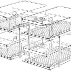 2 Set, 2 Tier Clear Organizer with Dividers for Cabinet, Shlef, Counter - MultiUse Slide-Out Storage Container - Kitchen, Pantry, Medicine Cupboard Bins, Bathroom, Vanity Makeup, Under Sink Organizing