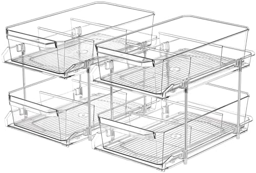2 Set, 2 Tier Clear Organizer with Dividers for Cabinet, Shlef, Counter - MultiUse Slide-Out Storage Container - Kitchen, Pantry, Medicine Cupboard Bins, Bathroom, Vanity Makeup, Under Sink Organizing