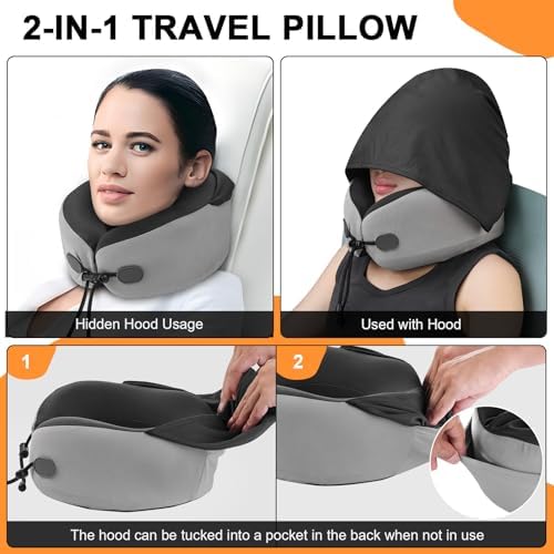 Neck Pillow for Travel - Hooded Memory Foam Plane Pillow for Airplane, Office, Cars Sleeping, Long Flight Must Haves, Portable Road Trip Essentials for Adults Gray - Image 3