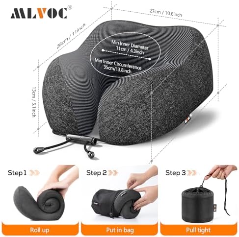 MLVOC Travel Pillow 100% Pure Memory Foam Neck Pillow, Comfortable & Breathable Cover, Machine Washable, Airplane Travel Kit with 3D Contoured Eye Masks, Earplugs, and Luxury Bag, Standard (Black) - Image 7
