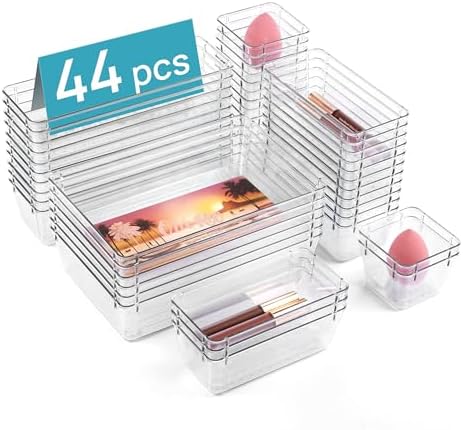 Vtopmart 44 PCS Clear Plastic Drawer Organizers Set, 4-Size Versatile Bathroom and Vanity Organizer Trays, Non-Slip Storage Containers for Makeup, Jewelries, Bedroom，Kitchen Utensils and Office