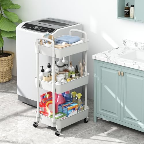 Sywhitta 3-Tier Plastic Rolling Utility Cart with Handle, Multi-Functional Storage Trolley for Office, Living Room, Kitchen, Movable Storage Organizer with Wheels, White - Image 5