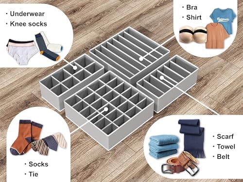 Simple Houseware 4-Pack Drawer Organizer Set - Closet Dividers for Underwear, Socks, Bras, Scarves, Ties - Foldable Non-Woven Storage Boxes, Gray - Image 4