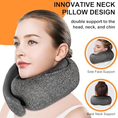 Travel Pillow - Hooded Neck Pillow Airplane Memory Foam Filling for Plane, Office, Cars Sleeping, Road Trip, Long Flights, Portable Plane Accessories, Includes Eye Mask & Earplugs (Dark Gray) - Image 3