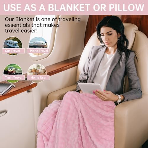 Travel Blanket and Pillow-2-in-1, Ultra-Soft&Compact, One-Piece Airplane Blanket with Hand Luggage Belt and Backpack Clip,Travelers Accessories Gifts, 61x43 Inches (Pink) - Image 2