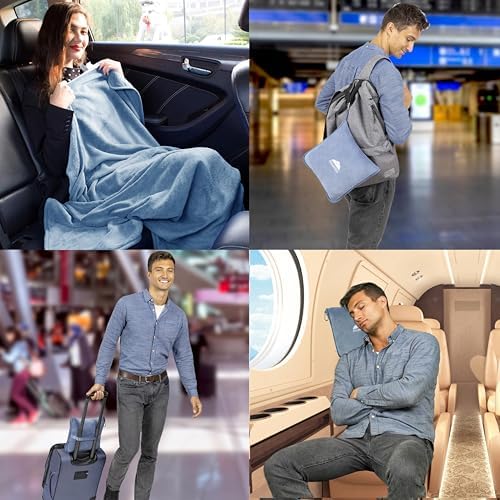 BlueHills Premium Soft Plush Travel Blanket Pillow for Airplane Traveling Essentials in a Bag Flight Throw with Hand Luggage Belt Backpack Clip Compact Portable Plane Accessories Grayish Blue - T026 - Image 2