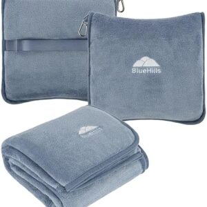 BlueHills Premium Soft Plush Travel Blanket Pillow for Airplane Traveling Essentials in a Bag Flight Throw with Hand Luggage Belt Backpack Clip Compact Portable Plane Accessories Grayish Blue - T026