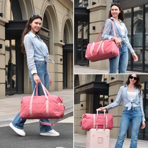 Carry on luaggage 22x14x9 Airlines Approved, Foldable Travel Duffel Bags Weekender Overnight Carry on Duffel Luggage Gym Duffle Bag with Wet Pocket & Shoe Compartment for Women Men(Pink, 40L) - Image 2